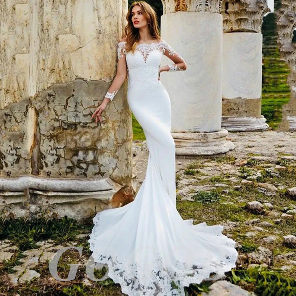 

GOGOB Sexy Boat Neck Wedding Dresses Lace R037 Mermaid Beach Appliques Bridal Gown Long Sleeve Illusion Button Sweep Train