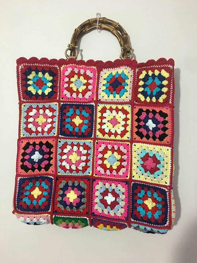 

Granny Square Bamboo Handle Red Handbag Crochet Top Handle Bag Crochet Bamboo handle Handbag Hippie Style Bag Fast Free Shipping