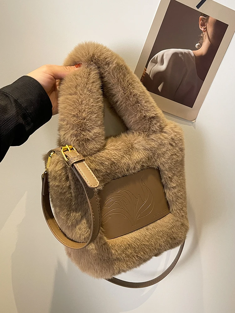 

Solid Color Soft Furry Crossbody Bag for Women Winter All-Match Fashion Bucket Bags Female Korean Trendy Small Handbags