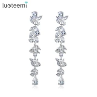 luoteemi black leaf shape long drop tassel earrings for women wedding bridal cubic zircon fashion jewelry wholesale free shippin