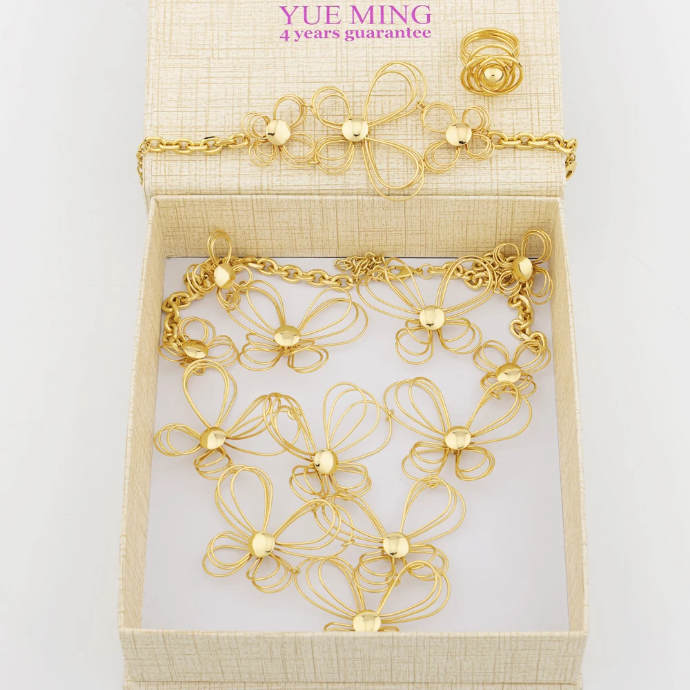 

YM Jewelry Set Dubai Gold Plated Necklace All Copper Hollow Surround Earrings Simple Flower Style Bracelet Rings Set for Party