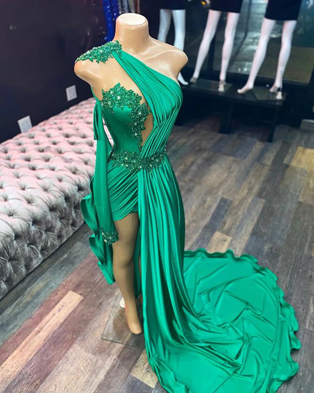

Green Mermaid Prom Dress Sweep Strain One Sleeve Stain Applique Beading Formal Party Gowns