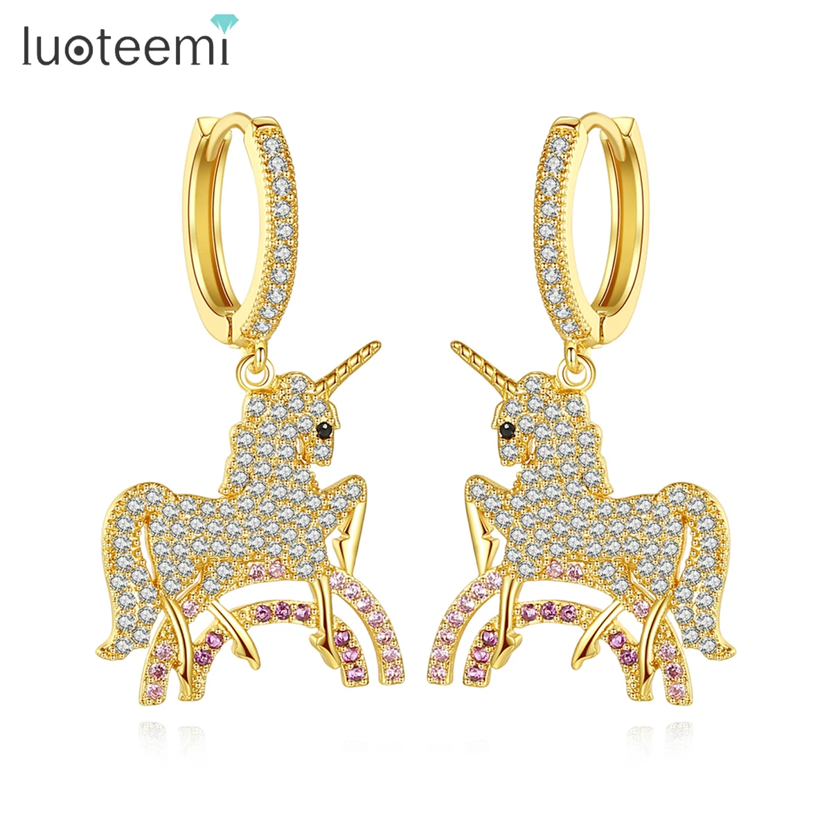 

LUOTEEMI Rainbow Unicorn Hoop Earrings for Kids Whole Cubic Stones Paving Cute Horses Earring Aretes De Mujer Earrings for Women