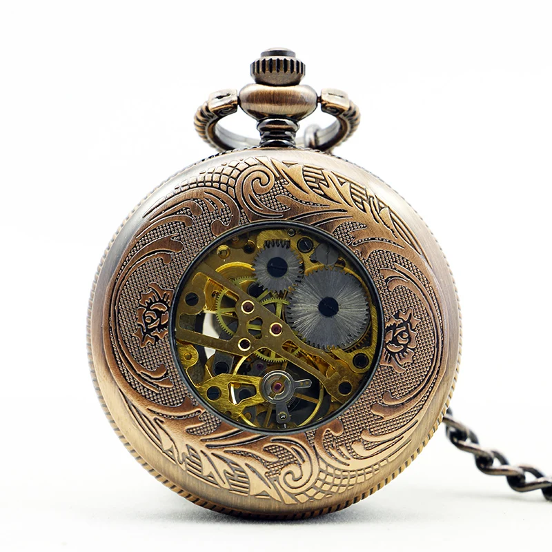 Retro Mechanical Hand Pocket Watch Strap Bracelet Men's Flame Pattern Hollow Arabic Numerals Dial Fashion Pocket Fob Watch Gift