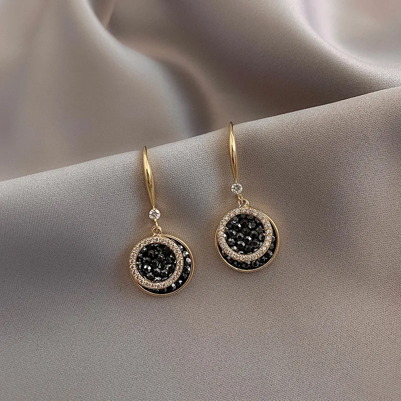 

Luxury Crystal Exquisite Double Black Round Geometric Drop Earring For Women Fashion Rhinestone Statement Earrings Jewelry Gifts