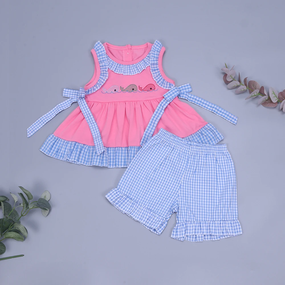 

Summer Girls Clothes Blue Plaid Bow Plum Red Sleeveless Top And Blue Plaid Shorts Three Whales Embroidery Toddler Girl Outfits