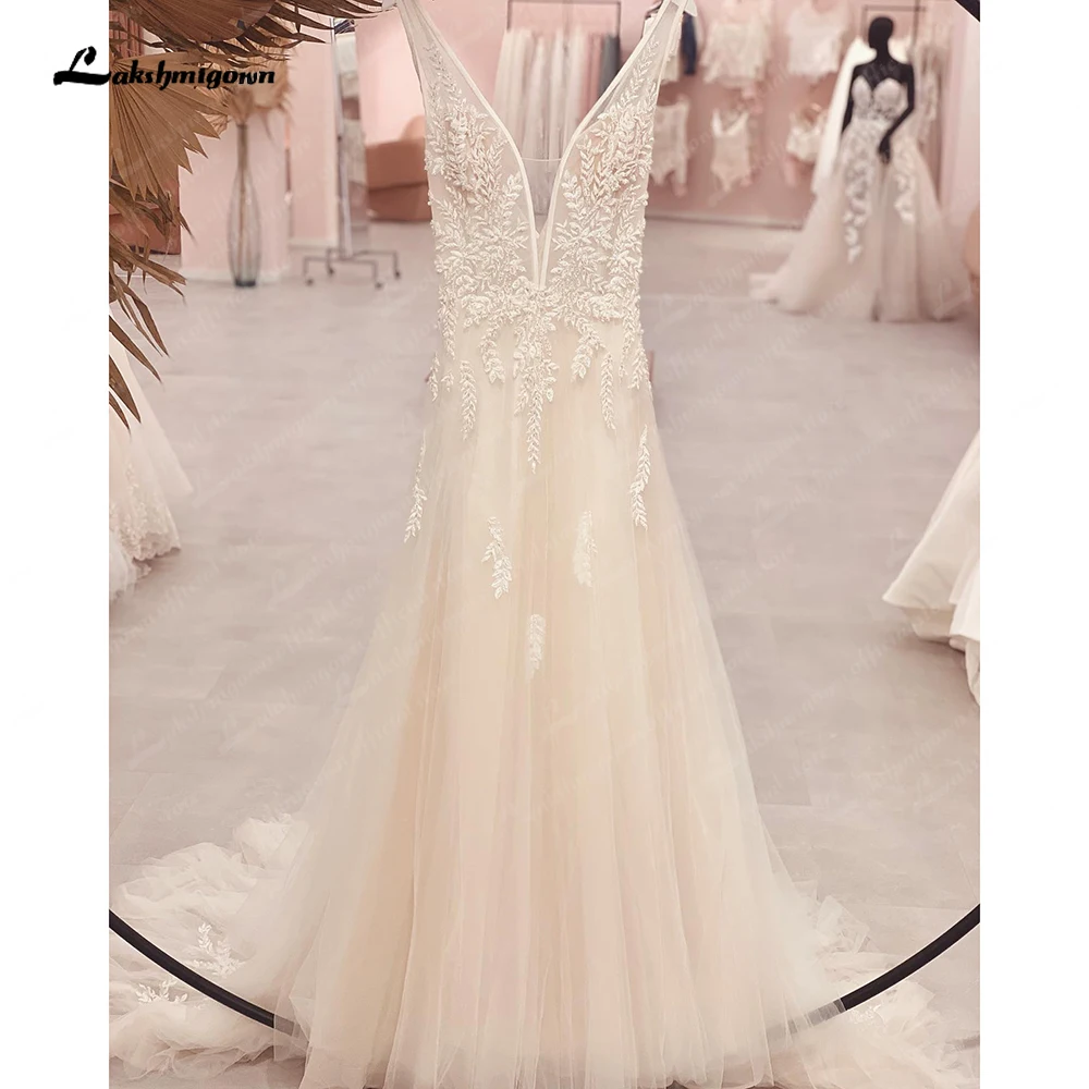 

Роскошное кружевное свадебное платье Lakshmigown с V-образным вырезом и аппликацией, свадебное платье без рукавов с открытой спиной, свадебное пл...