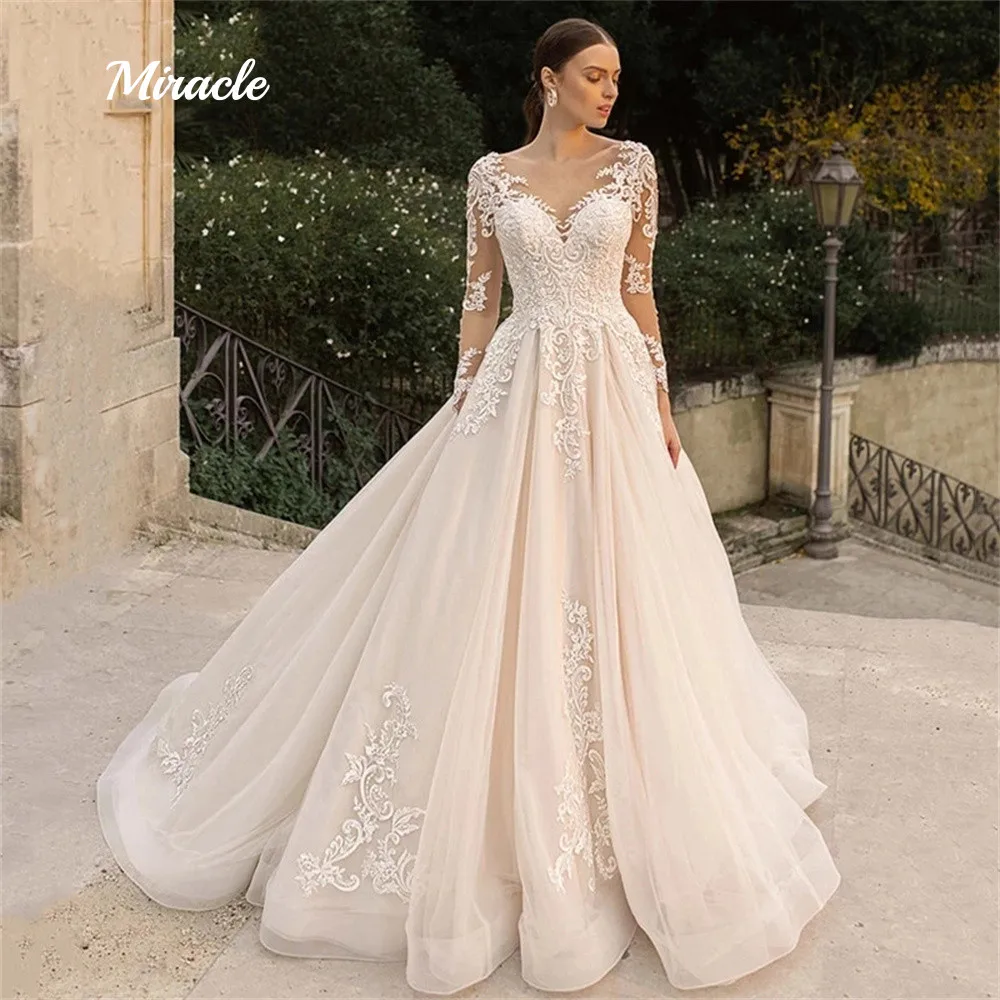 

Elegant A-Line V-Neck Wedding Dresses Illusion Appliques Bridal Gowns Long Sleeve Bride Robes Buttons Backless Vestidos De Novia