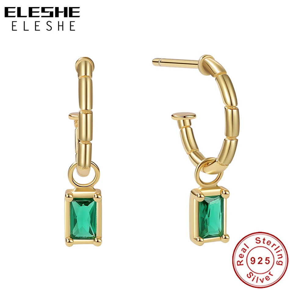 

ELESHE 925 Sterling Silver Hoop Earrings Baguette Green CZ Dangle Hook Earrings For Women Party Fashion Jewelry Accessories