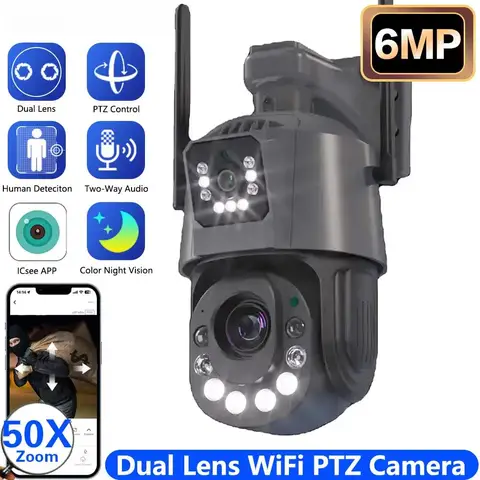 4K 6MP двусторонняя аудиосвязь двойной объектив PTZ Wifi камера наружная 50-кратный оптический зум AI обнаружение человека