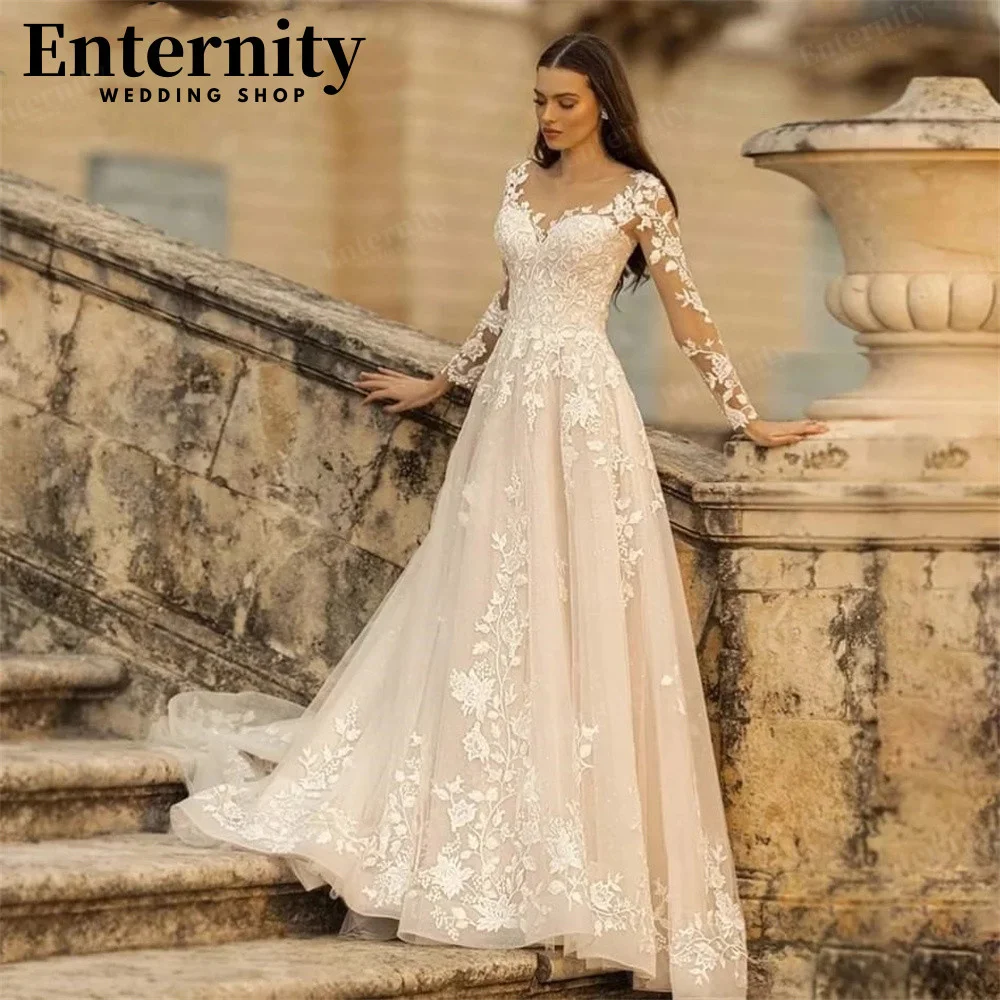 

Romantic O Neck Wedding Dresses 2022 A-Line Boho Long Appliques Sleeves Wedding Bride Gowns Floor Length Lace Up Backless 2022