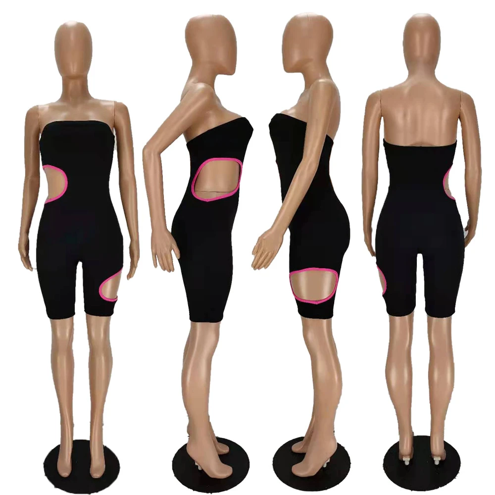 Fashion Color Matching Skinny Rompers For Women Hole High Elastic Breast Wrap Tops Shorts Sexy Yoga Casual Jumpsuits MN8355