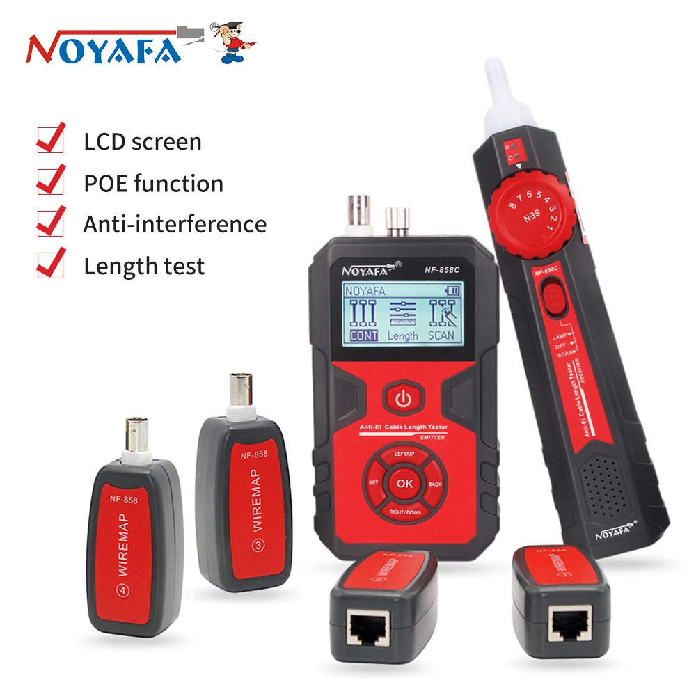 NOYAFA NF-858C Network Cable Tester Portable Cat 5 Cat 6 RJ11 BNC Cable Finder Measuring Cable Length and Breakpoints with Light