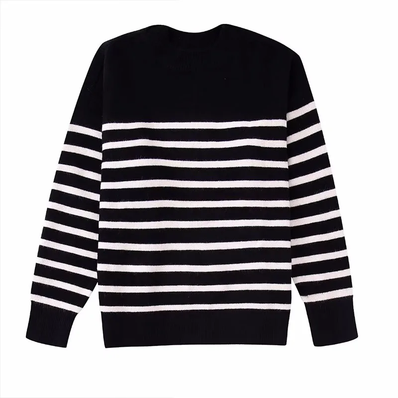 

2022 Autumn New Fashion Y2k Black And White Striped Sweater Vintage O-Neck Long Sleeves Female Pullover Chic Tops 221165