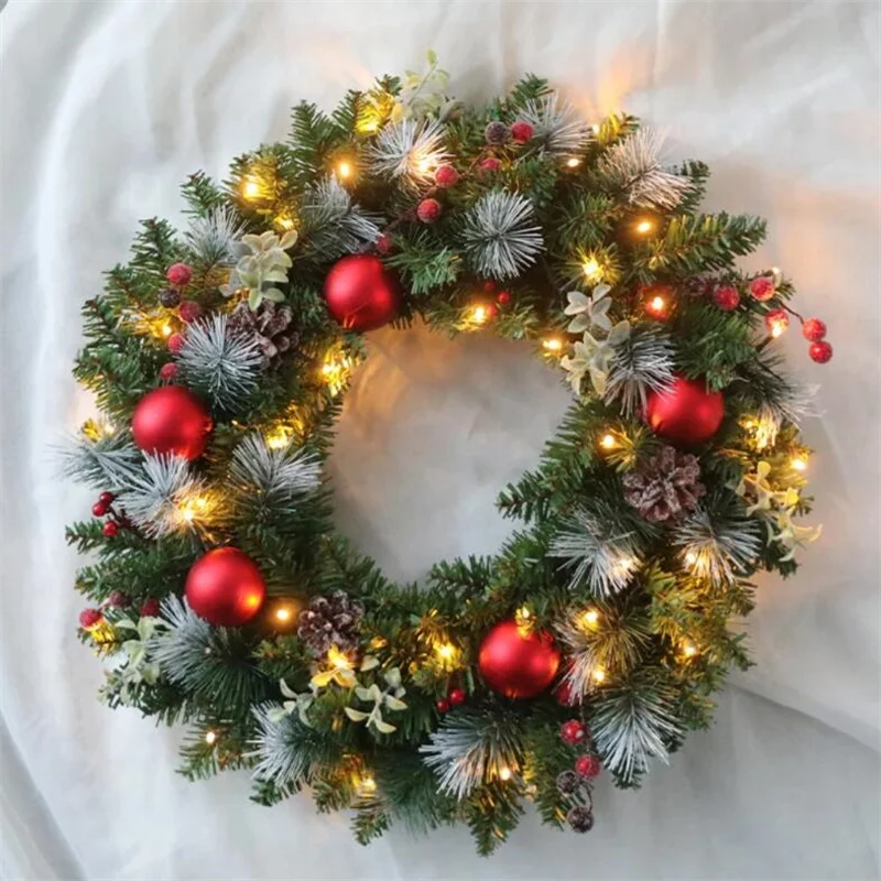 

40Cm Led Christmas Wreath Artificial Pine Cone Red Berry Garland Hanging Ornaments Front Door Decorations Home Christmas Decor