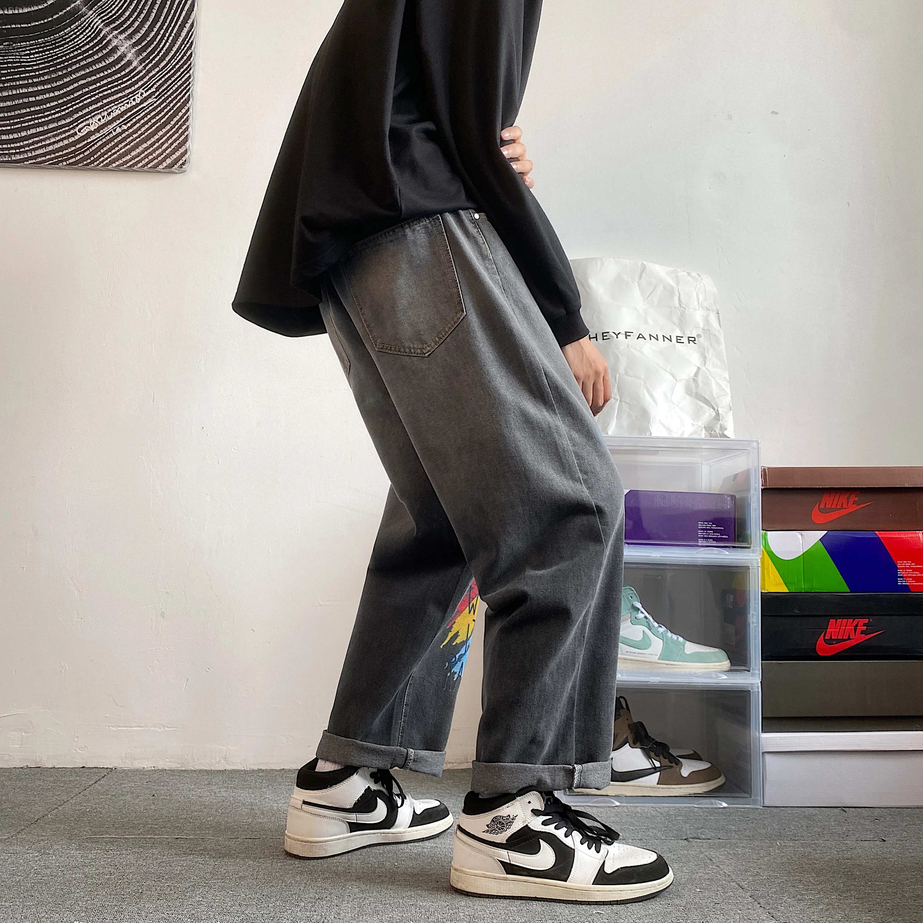 Wide Leg Cargo Pants 2022 Korean Fashion Loose Straight Male Streetwear Baggy Men Jeans Spring Autumn