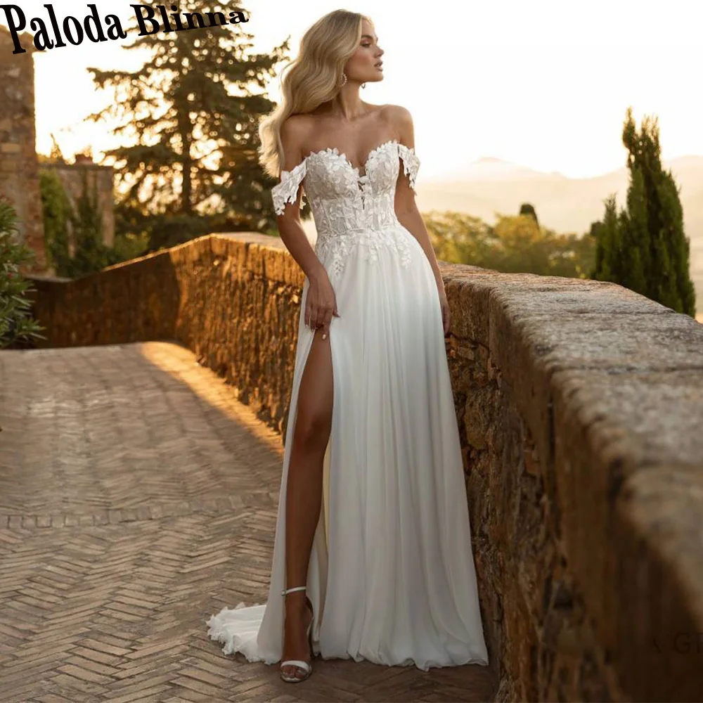 

Paloda Modern Slit Chiffon Wedding Gown For Bride Pleat Backless Off The Shoulder Court Train V-Neck Vestido De Noiva 2023