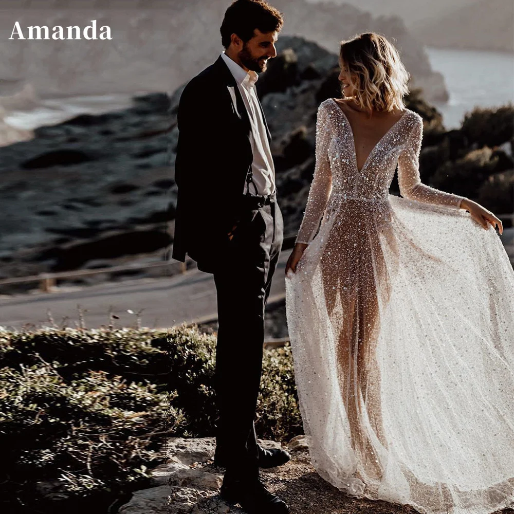 

Amanda Sequins Long Sleeve Prom Dress Luxury Beading A-line فستان سهرة Glitter Formal Occasion Dresses Open Back Wedding Dress