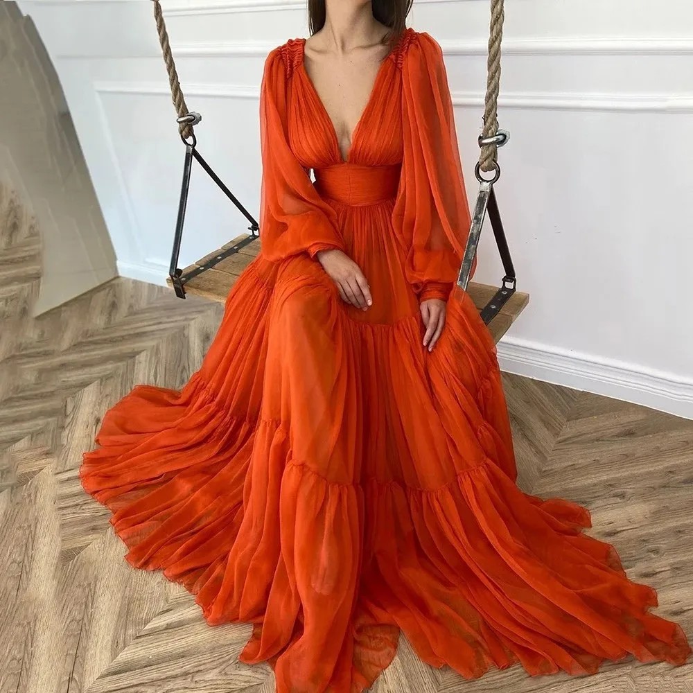 

Романтическое оранжевое кружевное платье для выпускного вечера с V-образным вырезом, плиссированное вечернее платье с длинным рукавом, Тюлевое платье с оборками и шлейфом, официальвечерние праздничное платье, Vestido De G