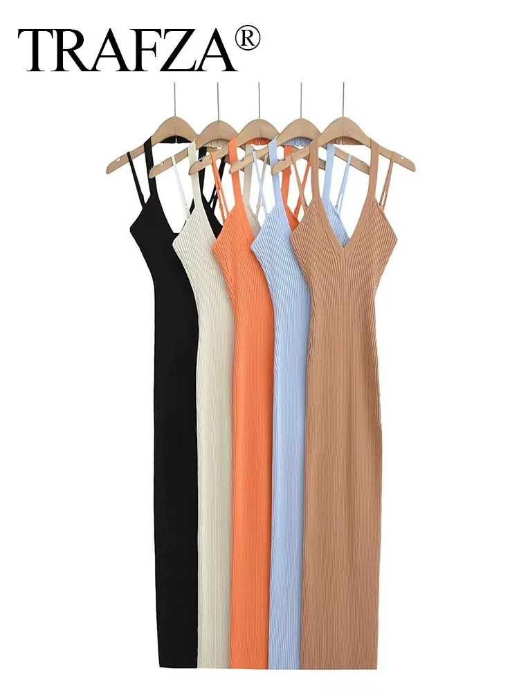 

TRAFZA Women's Fashion Dress Elegant Solid Color Set V-Neck Suspender Women's Slit Sexy Long Skirt Preppy Style Women's Dress