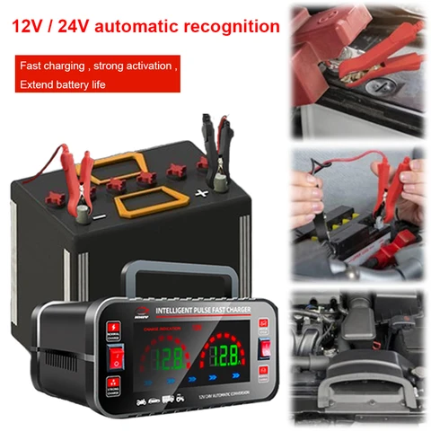 12V/24V Smart Pulse Repair AGM ГЕЛЕВОЕ влажное свинцово-кислотное зарядное устройство Smart Motorcycle Battery Charger ЖК-цифровой дисплей с большим экраном 10/5A