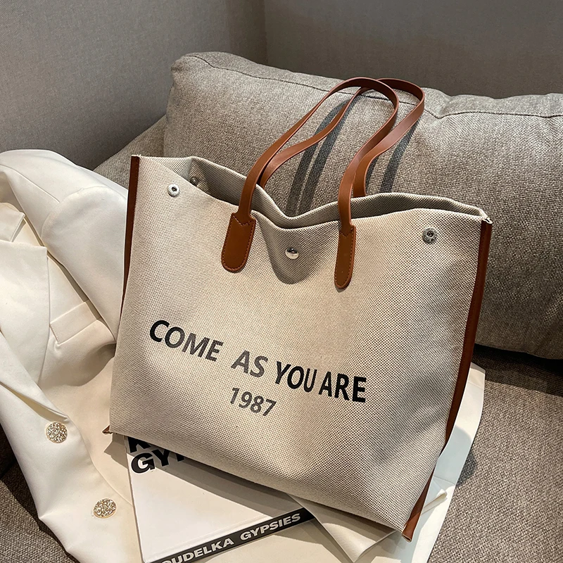 

New Large-Capacity Brand Canvas Letter Print Commuter All-Match Western-Style High-Quality Texture Women Shoulder Tote Handbag
