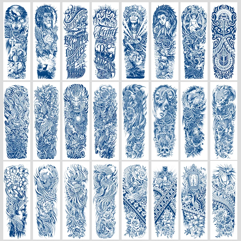 

80pcs/lot full arm sleeve tattoo sticker herbal juice natural ink long lasting temporary tattoos wholesale blue men women decal