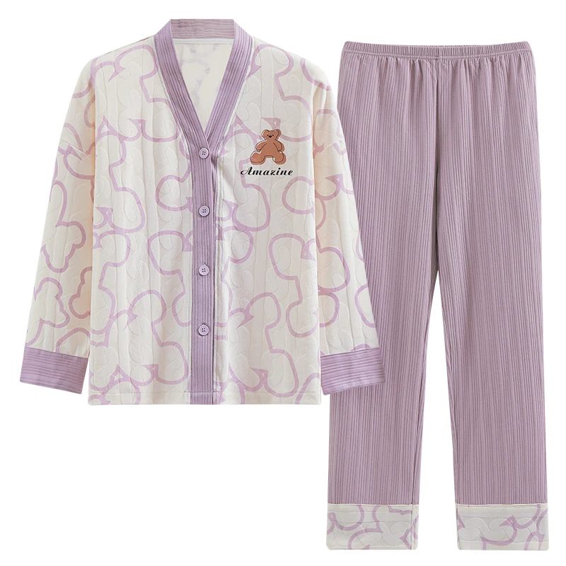 

Plus Size Women's Pajamas Set Cute Contrast Piping Cartoon Print Deep V and Purple Long Pants Homewear Sleepwear for Lady