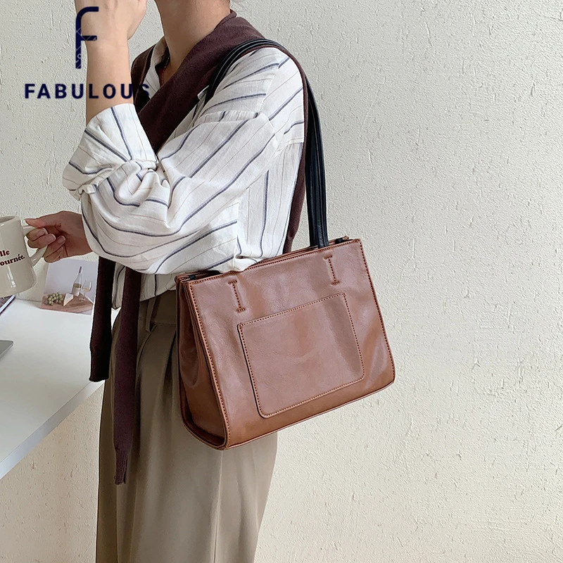 

Women's Big Size Tote Bags Pure Color Vintage Purse Bags Office Lady Fashion Casual Handbags 2022 Female Shoulder Bags