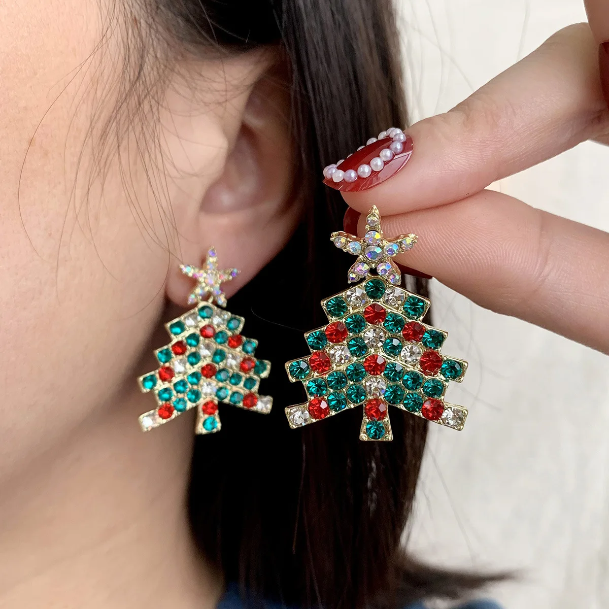 

Zircon Christmas Tree Colorful Crystal Earrings For Women New Style Pentagram Tree Earrings Fashion Christmas Gift Wholesale