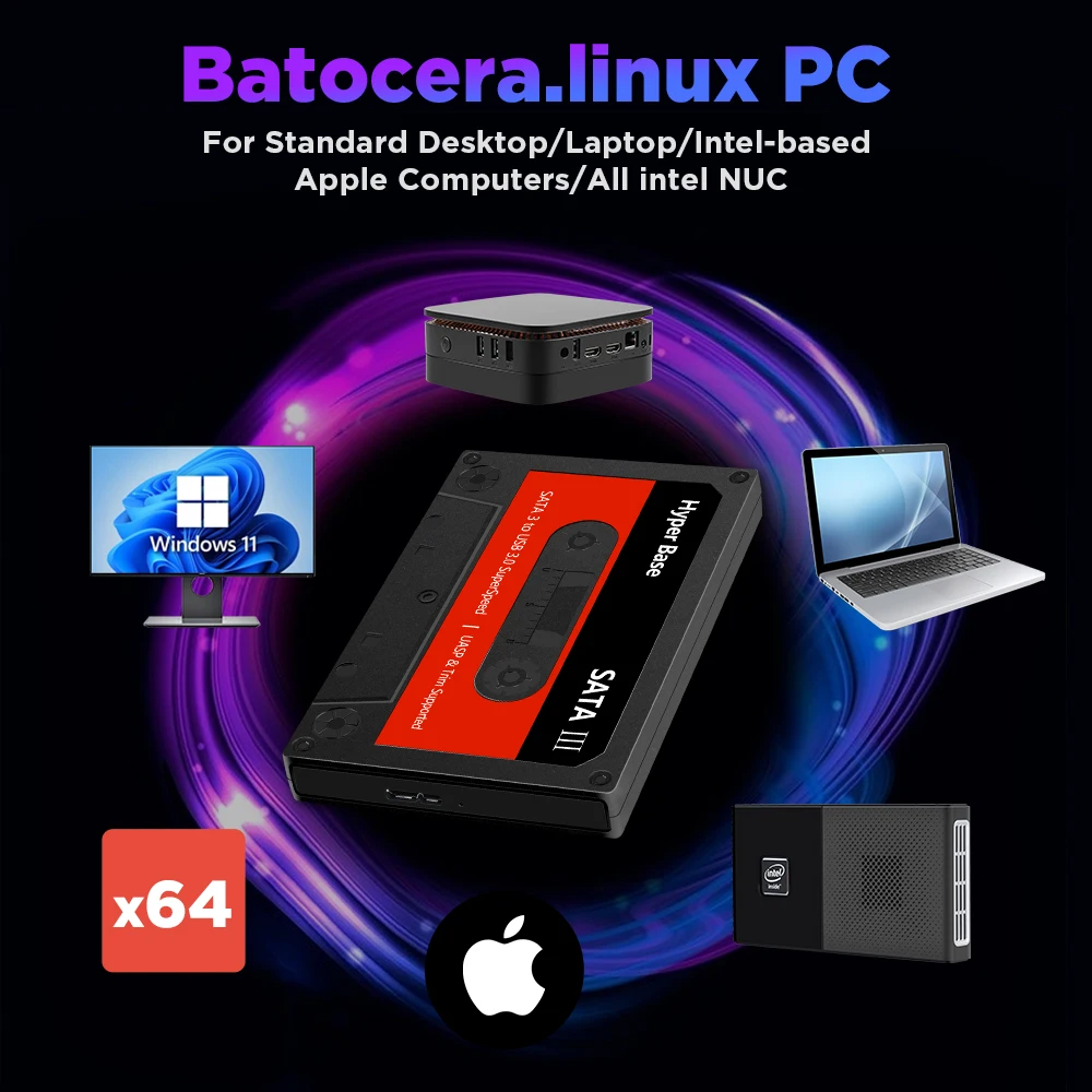 Batocera 35.linux 2T Portable HDD Hyper Base BC2 For PS3/PS2/Wii/WiiU/DC/N64/MAME/X BOX/SS 52000+ Games Sata3 for Windows PC/Mac