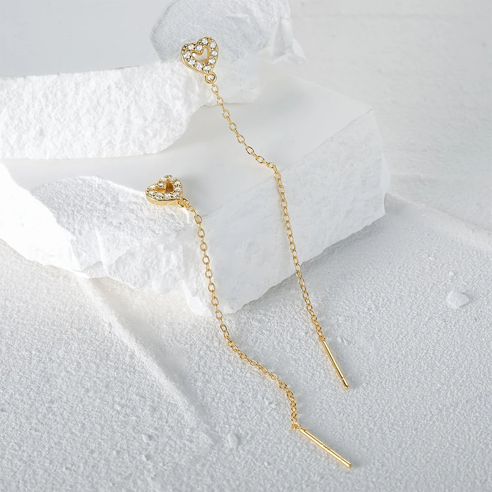 

Aide 925 Sterling Silver Trendy Long Chain Tassel Threader Earrings For Women Zircon Hollow Heart Stud Straight Hanging Earings