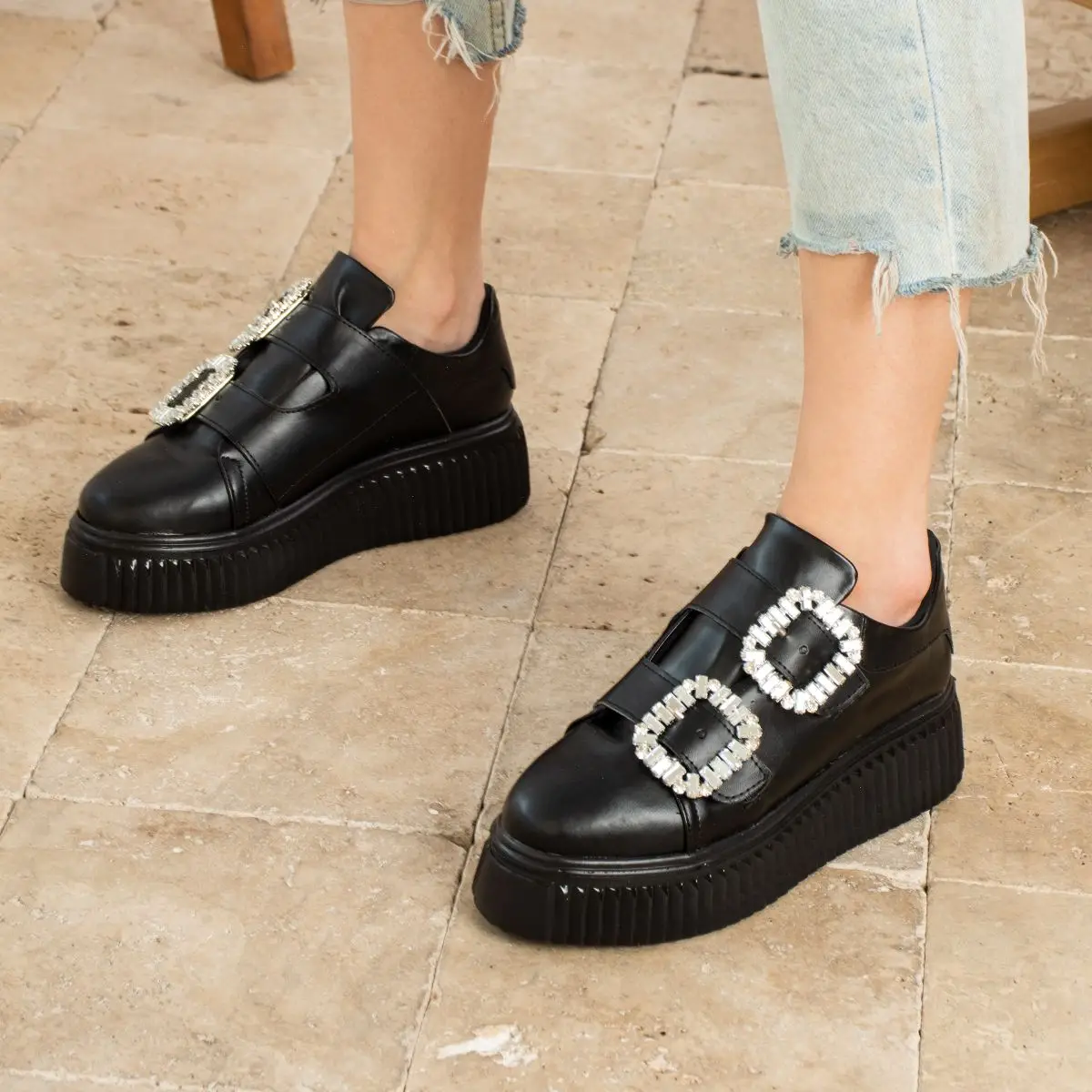 Crystal Rhinestone Square Buckle Loafer Women Shoes Round Toe Thick Bottom Flat Leisure Shoe Designer Shoes Fashion Dress Shoes