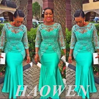 haowen turquoise african mermaid evening dress vintage lace nigeria long sleeves aso ebi style mother party gown