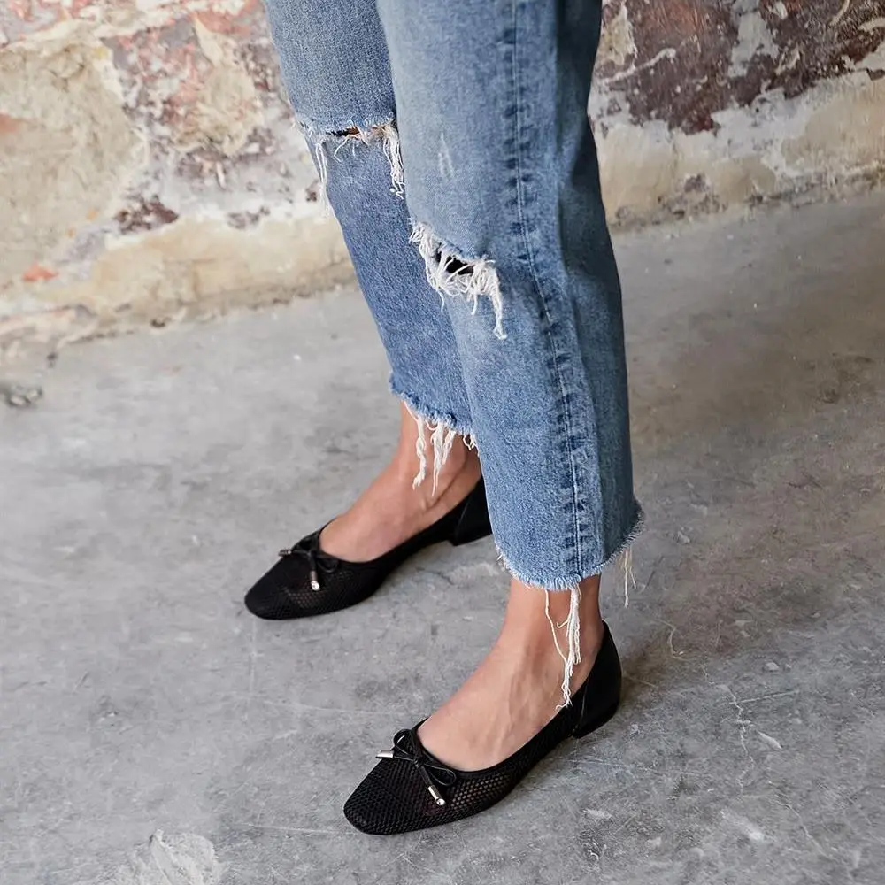 Grace Interior Quality Faux Leather Exterior Mesh Bow and Glass Stone Detailed Ballet Poshnmore Nude Black Summer Shoes