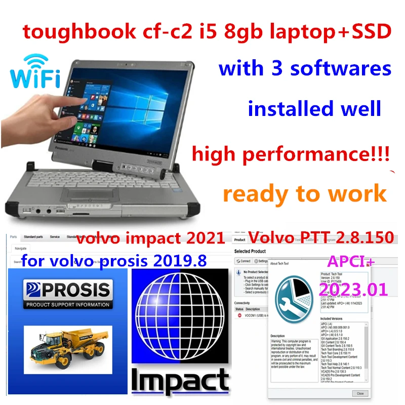 

cf-c2 i5 cpu 8G laptop with 2023 Premium Tech Tool 2.8.150 For VOLVO VOCOM 2 II Tool Volvo impact 2021+ Prosis 2019.08 for Volvo