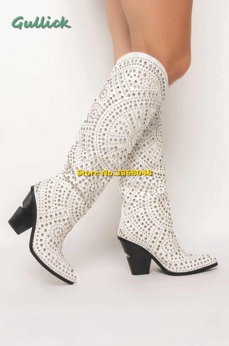 West Chunky Cowboy Boot Studded Pointy Toe Block Heel Knee High Crystal Handmade Winter Boots White Slip On Women Fashion Shoes