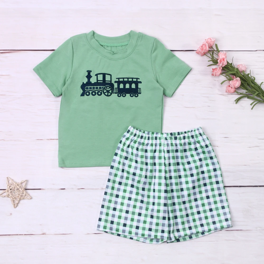 

Baby Boy 1-8T Outfits Lattices Clothes Set Train Embroidery 2pcs Bodysuit Sleeve Clothing GreenT-shirt Toddler Babi Boys Shorts