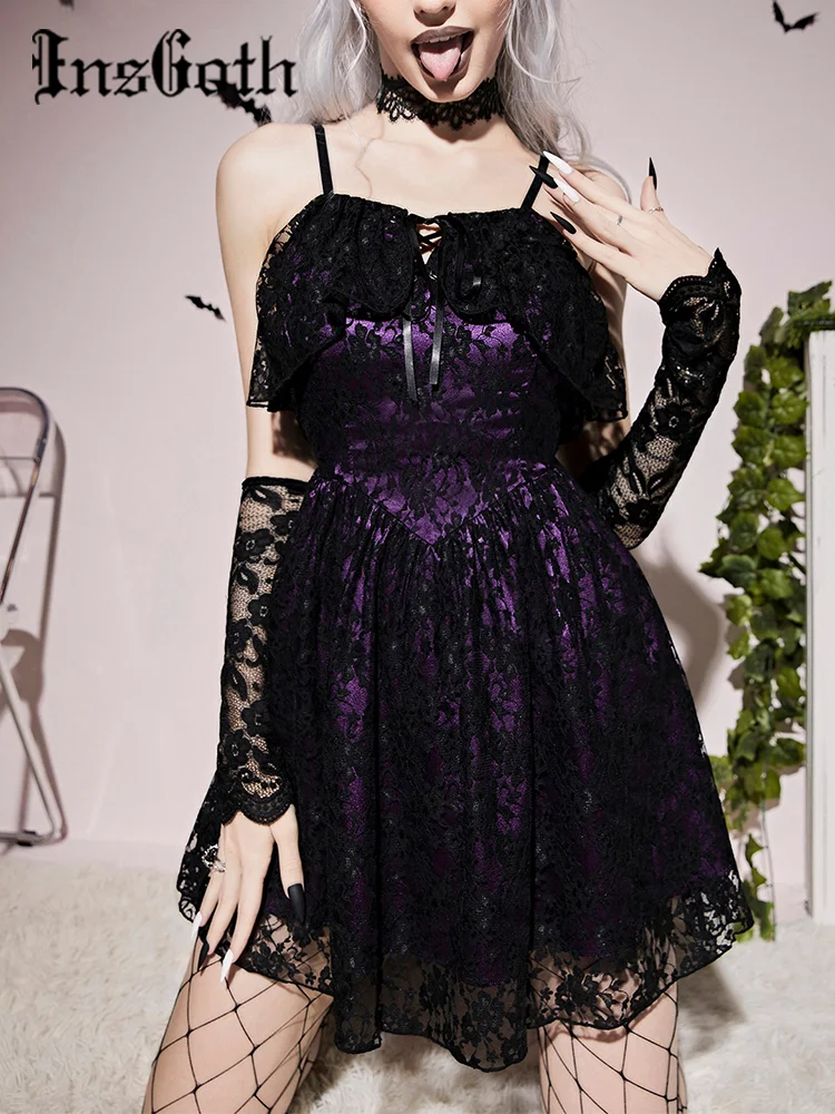 

InsGoth Goth Fairy Grunge Aesthetic Vintage Lace Patchwork Dress Y2K Summer Elegant Party Mini Dresses Punk Babes Emo Streetwear