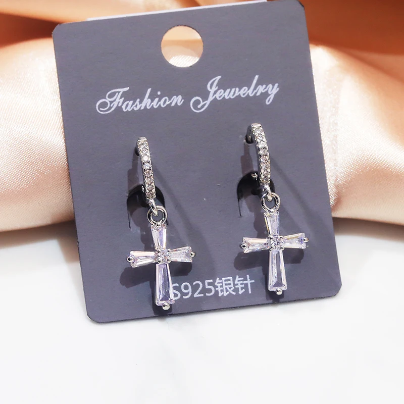 

JUWANG Luxury Silver Color Cross Hoop Earrings For Women Crystal Cubic Zirconia Pendant Dangle Drop Earrings Jewelry Brincos