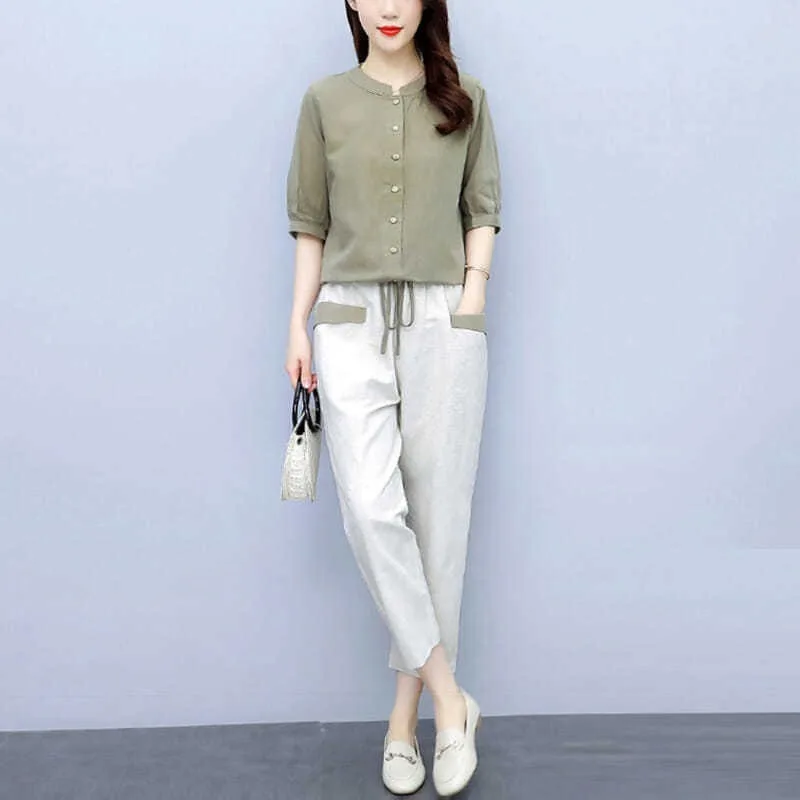 2022 new Spring Two Piece  Linen Women Sets Elegant O Neck Top Shirt and Drawstring Casual Outfits Vintage Pocket Harajuku Suits