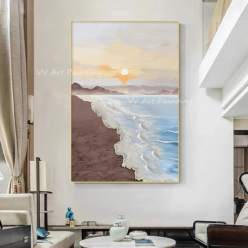 

Ocean sea sunset 100% hand-made beautiful thick oil canvas oil painting abstract sitting room dining-room wall no framework