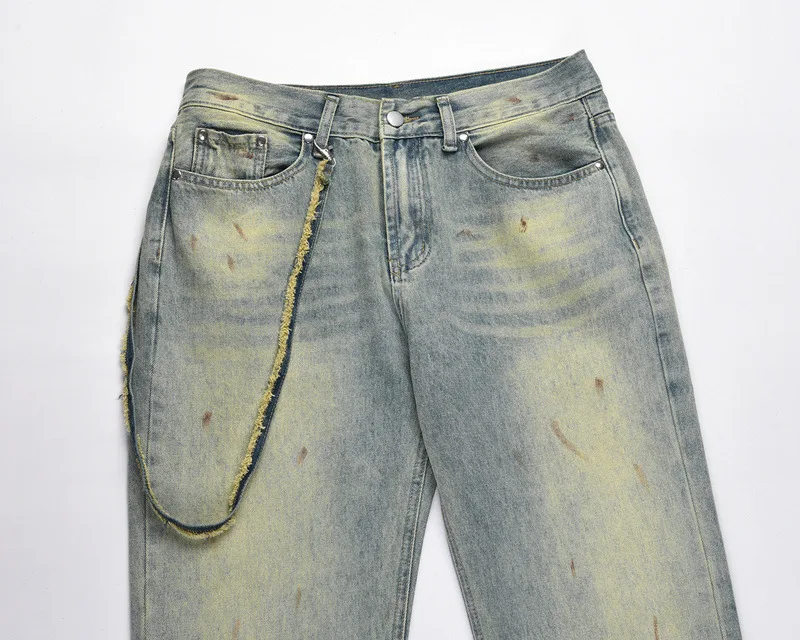 High Street Tide Brand Retro Hand-Painted Paint To Open The Removal Of The Lanyard Washed Old Blue Loose Men'S Straight Jeans
