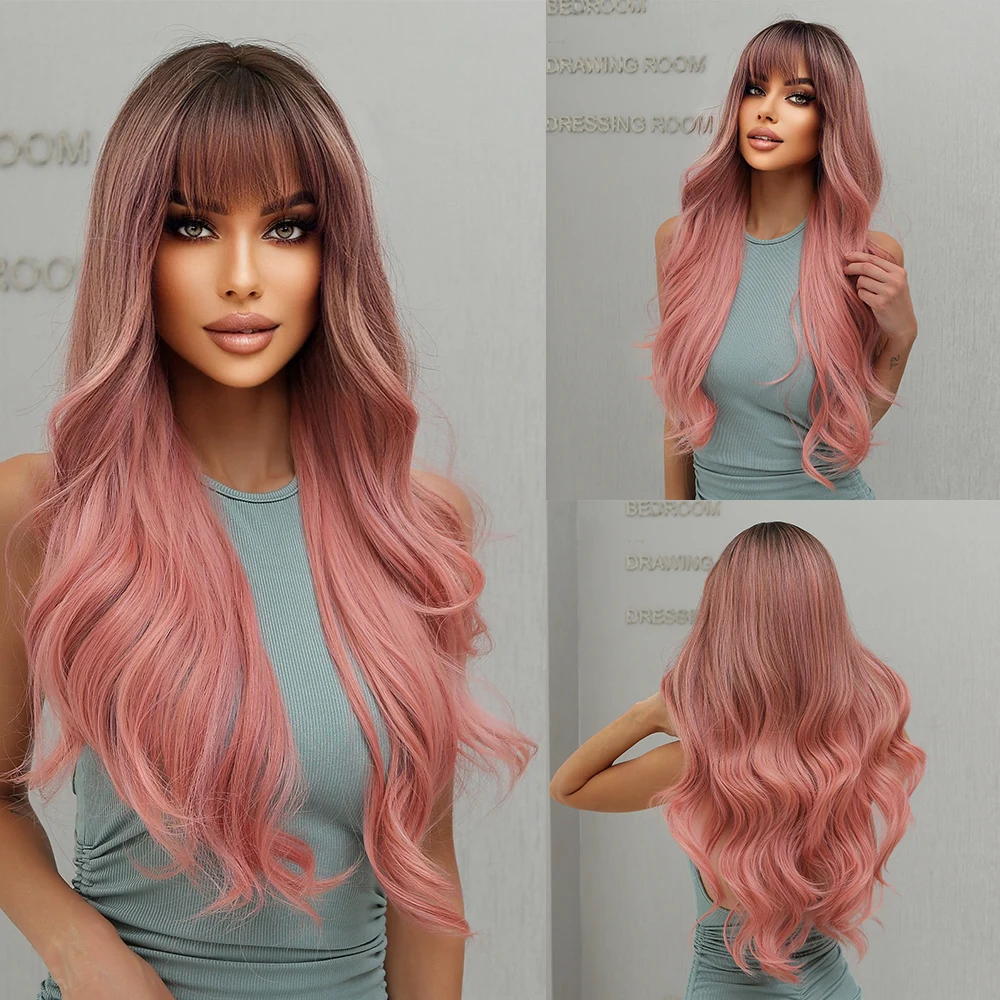 

Ombre Pink Long Wavy Synthetic Wigs with Bangs for Women Pink Red Halloween Cosplay Party Daily Hair Wigs Heat Resistant Fibers