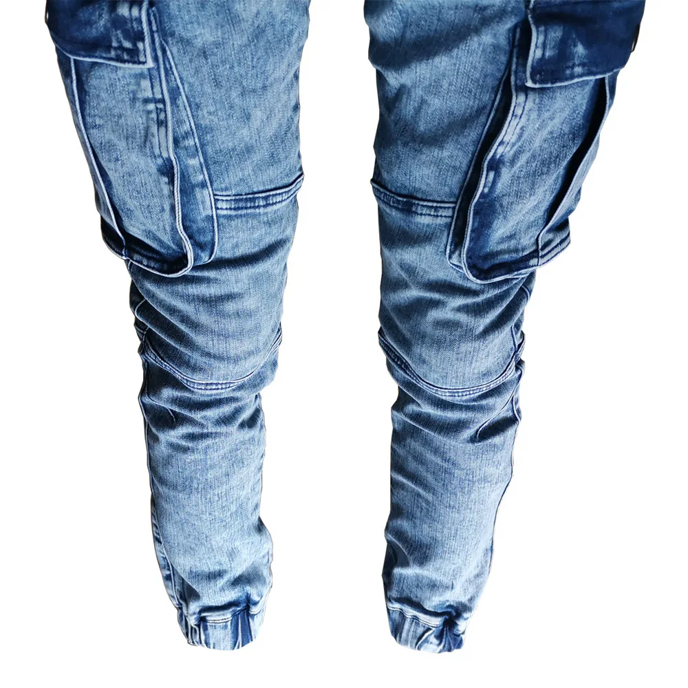 Retro Multi-Pocket Cargo Slim Fit Cotton Elastic Joggers Fashion High Street Lace Up Washed Old Men'S Pencil Jeans Size 29-36