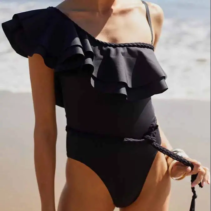 

Solid One-Shoulder Ruffle Panel One-Piece Sexy Low Waist Swimsuit Tankini Women Swimming Suits Swimwear Patchwork Monokini