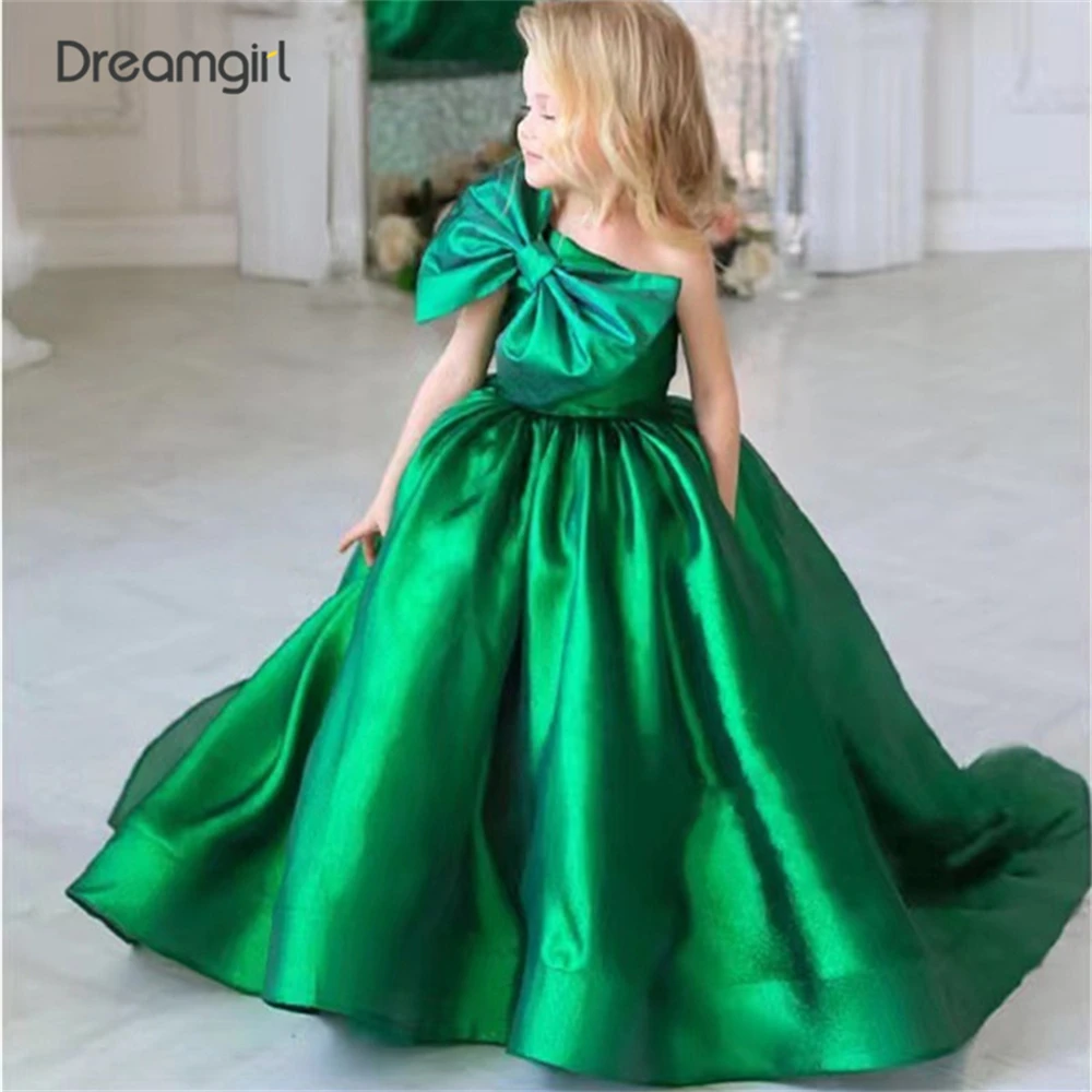 

Dreamgirl One Shoulder Flower Girl Dress Satin Ball Gown Child Green First Communion Dresses Bow Kids Birthday Party Dresses