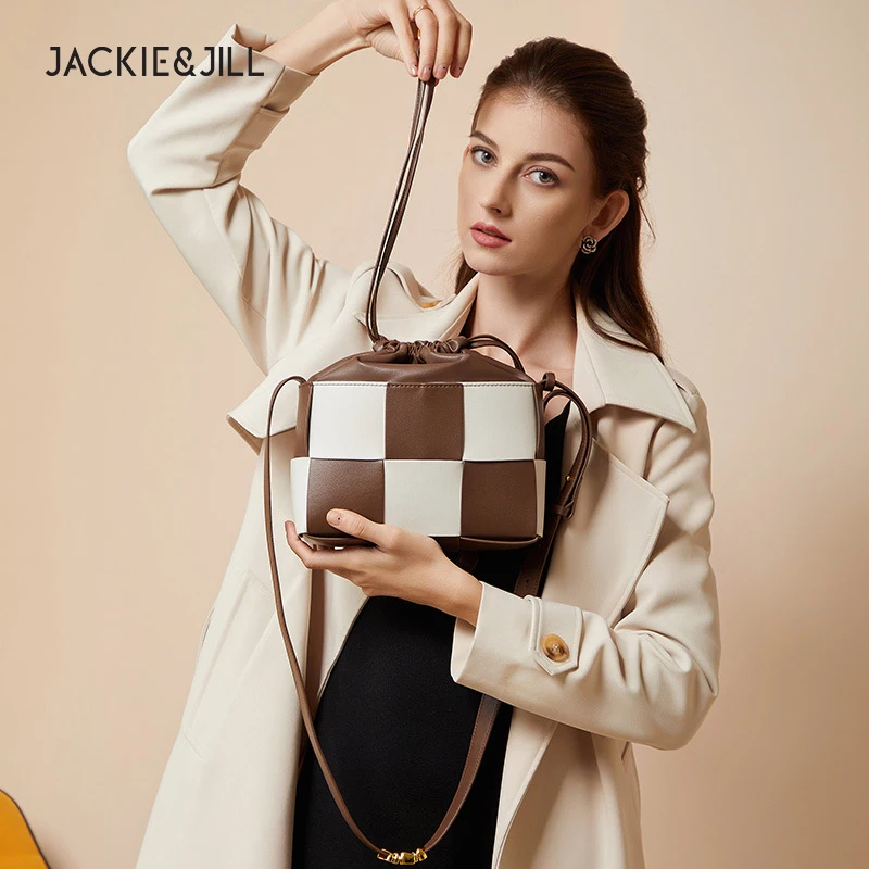 Jackie&Jill Cowhide Woven Bag Women'S Cowhide Colorblock Drawstring Mouth Shoulder Messenger Bucket Bag