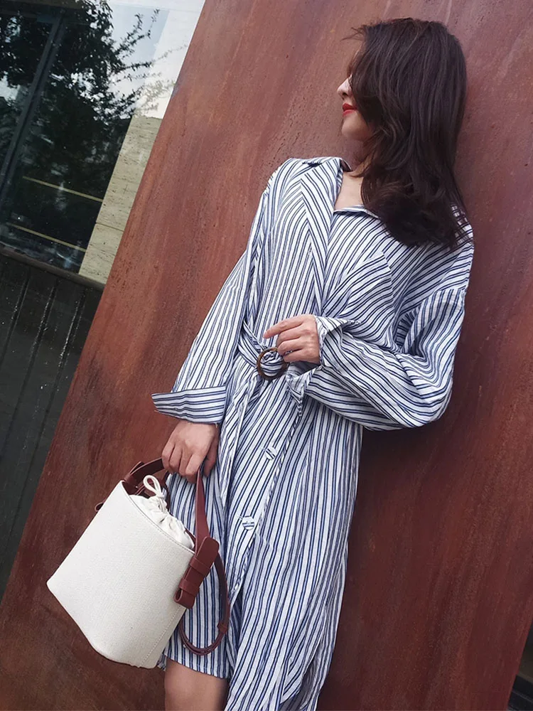 

Zach AiIsa counter quality fashion temperament lapel long-sleeved simple casual belted striped shirt style dress