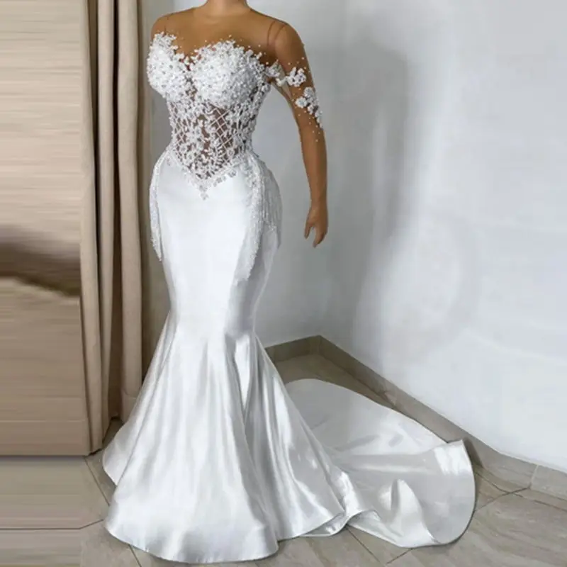 

Gorgeous Satin 2022 Mermaid Wedding Dresses Tassel Lace Beading Bridal Gowns Custom Made Long Sleeve Vestido de novia